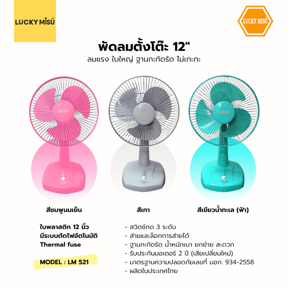 พัดลมตั้งโต๊ะ 12 นิ้ว ลัคกี้มิตซู LM521 สีชมพู